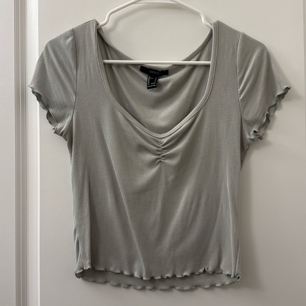 Sage Green Ribbed Crop Top with Ruched Front – Size L